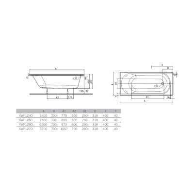 Wanna prostokątna 170x70 cm biały XWP1270000 Koło Opal Plus
