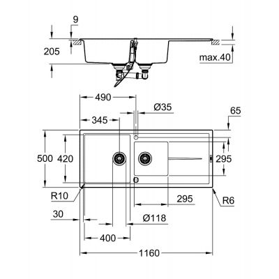 Zlewozmywak granitowy 116x50 cm czarny 31643AP0 Grohe K400