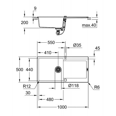 Zlewozmywak granitowy 100x50 cm czarny 31645AP0 Grohe K500